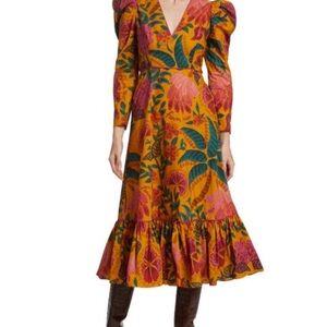 FARM Rio xs floral midi dress puff long sleeve v neck yellow pink guest tropical